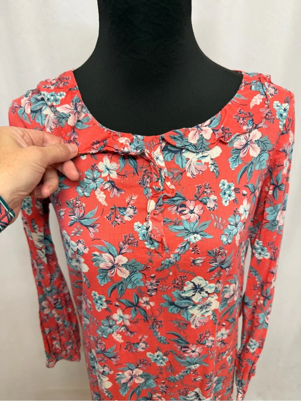 Pepe Jeans Girls Size 16 Coral Floral A-Line Dress Long Sleeve Ruffle Neck Knit